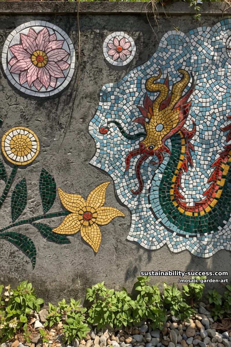 concrete wall decorated with circular, floral, and dragon motif mosaic art 1