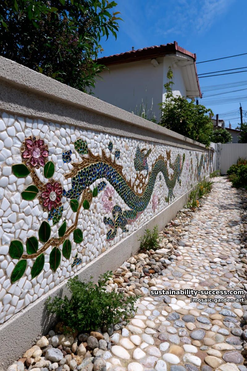 concrete wall decorated with circular, floral, and dragon motif mosaic art 1