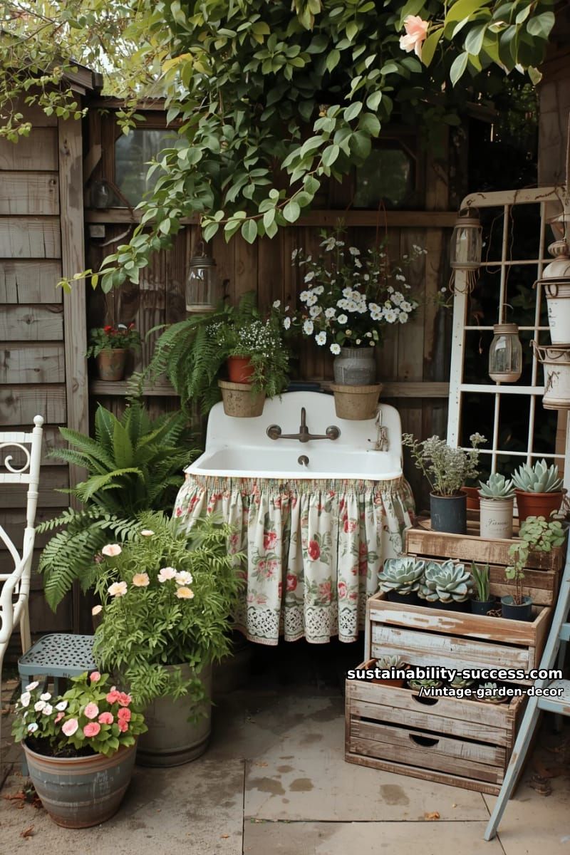 cottage-style garden with vintage furniture, repurposed sinks, crates, and lanterns. 1