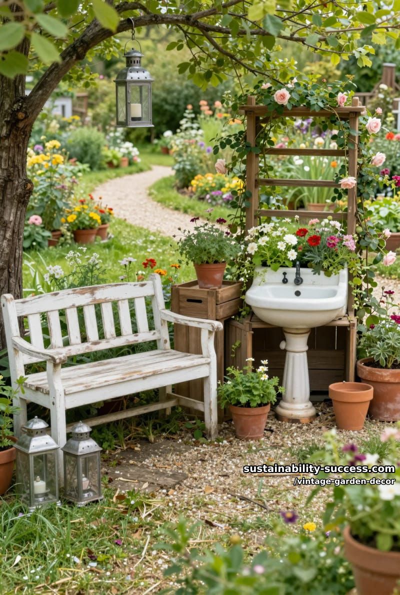 cottage-style garden with vintage furniture, repurposed sinks, crates, and lanterns. 1