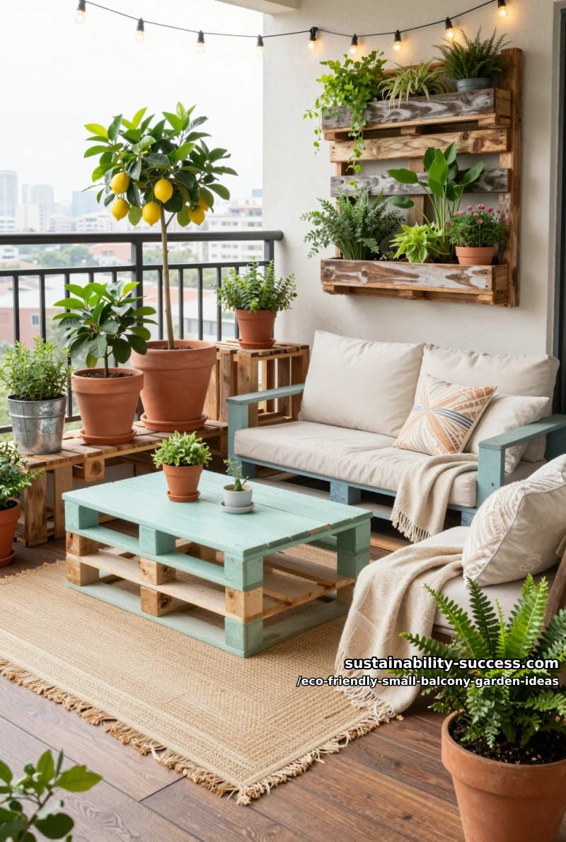 cozy balcony oasis with recycled furniture and potted fruit trees 1