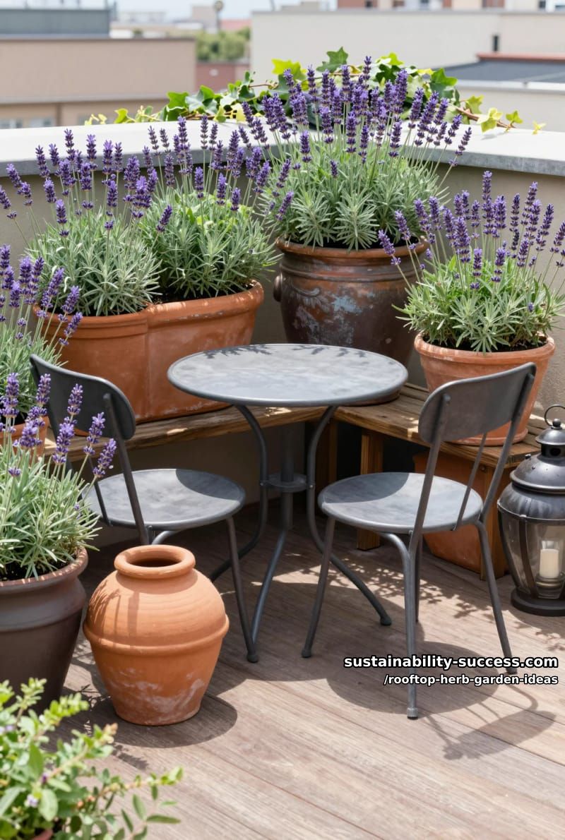 cozy bistro nook surrounded by fragrant lavender and sage in large containers 1