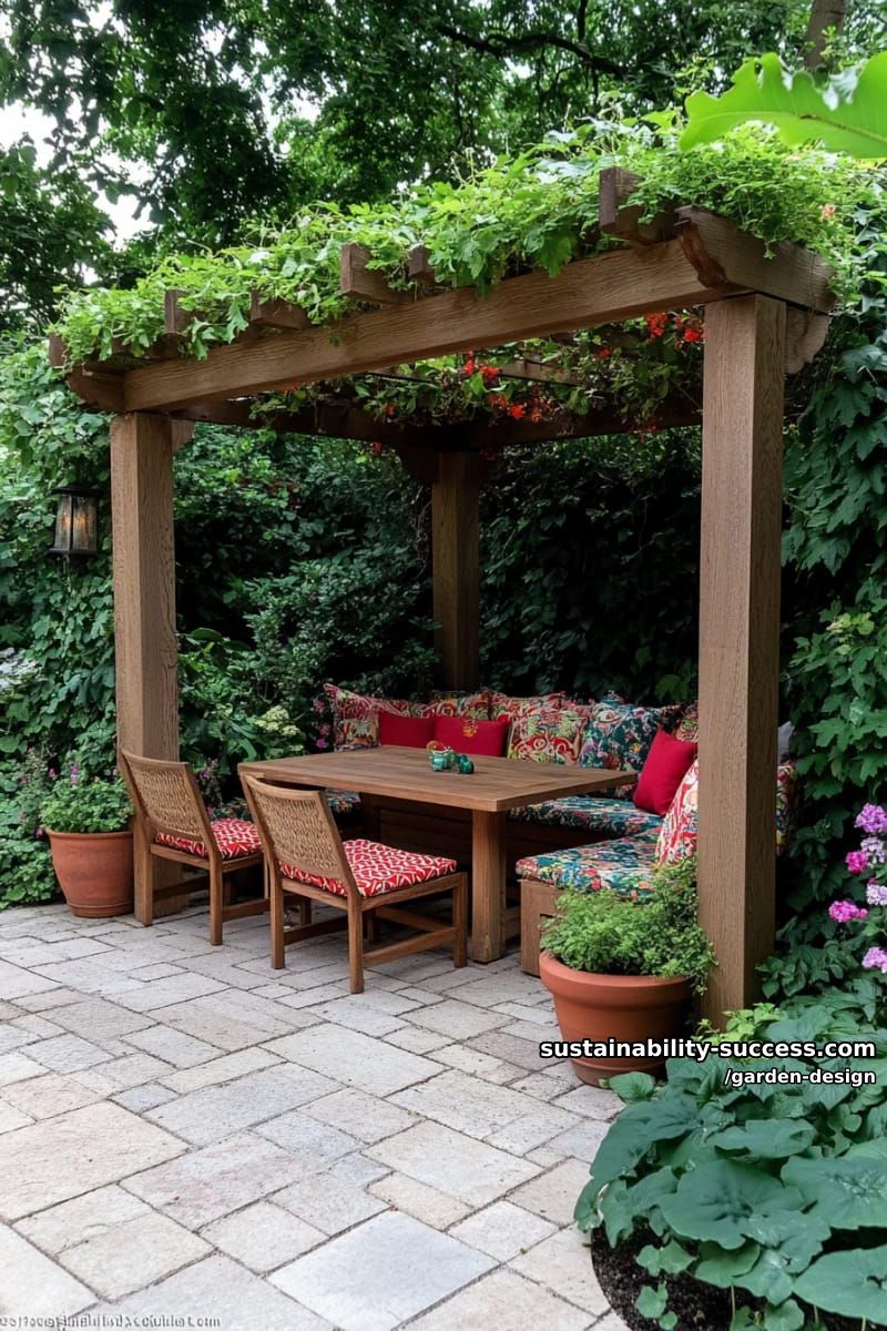 cozy garden pergola with green roof, colorful pillows, and container plants. 1
