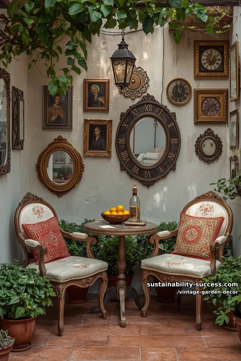 cozy patio corner with vintage mirrors, potted plants, and rustic decor. 1