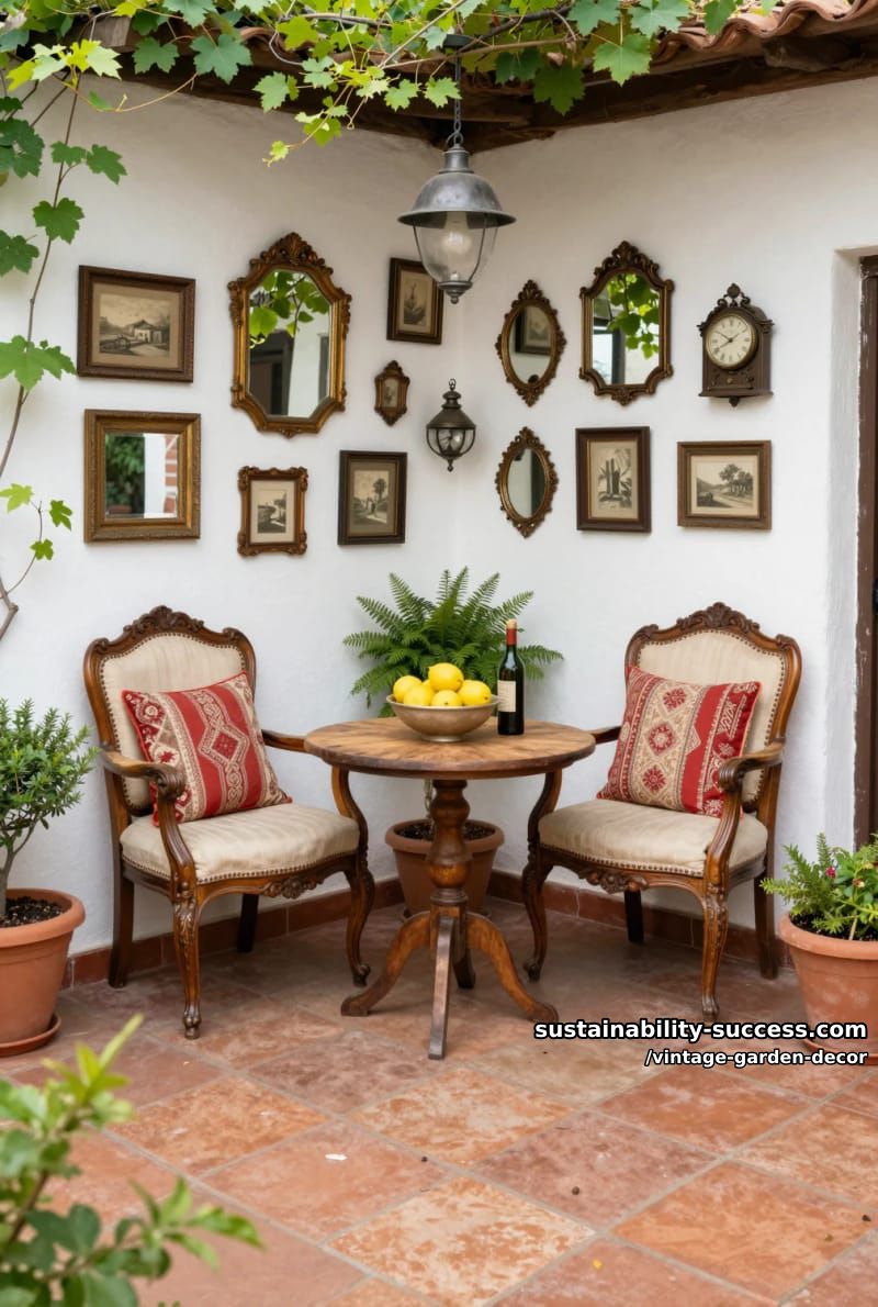 cozy patio corner with vintage mirrors, potted plants, and rustic decor. 1