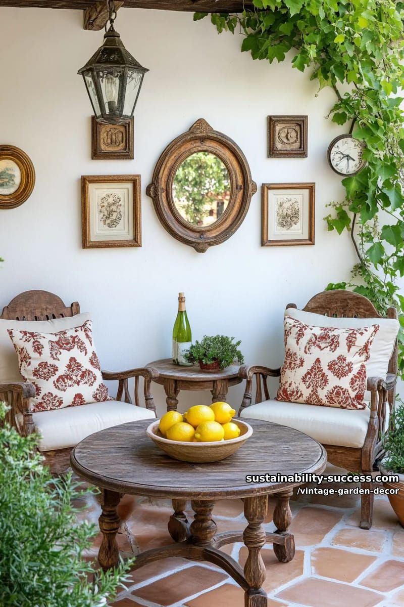 cozy patio corner with vintage mirrors, potted plants, and rustic decor. 1