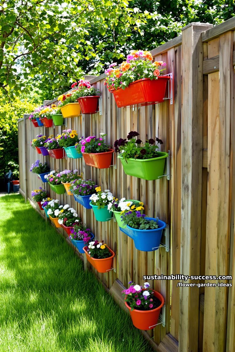 craft a vertical flower wall using colorful pots on a wooden fence. 1