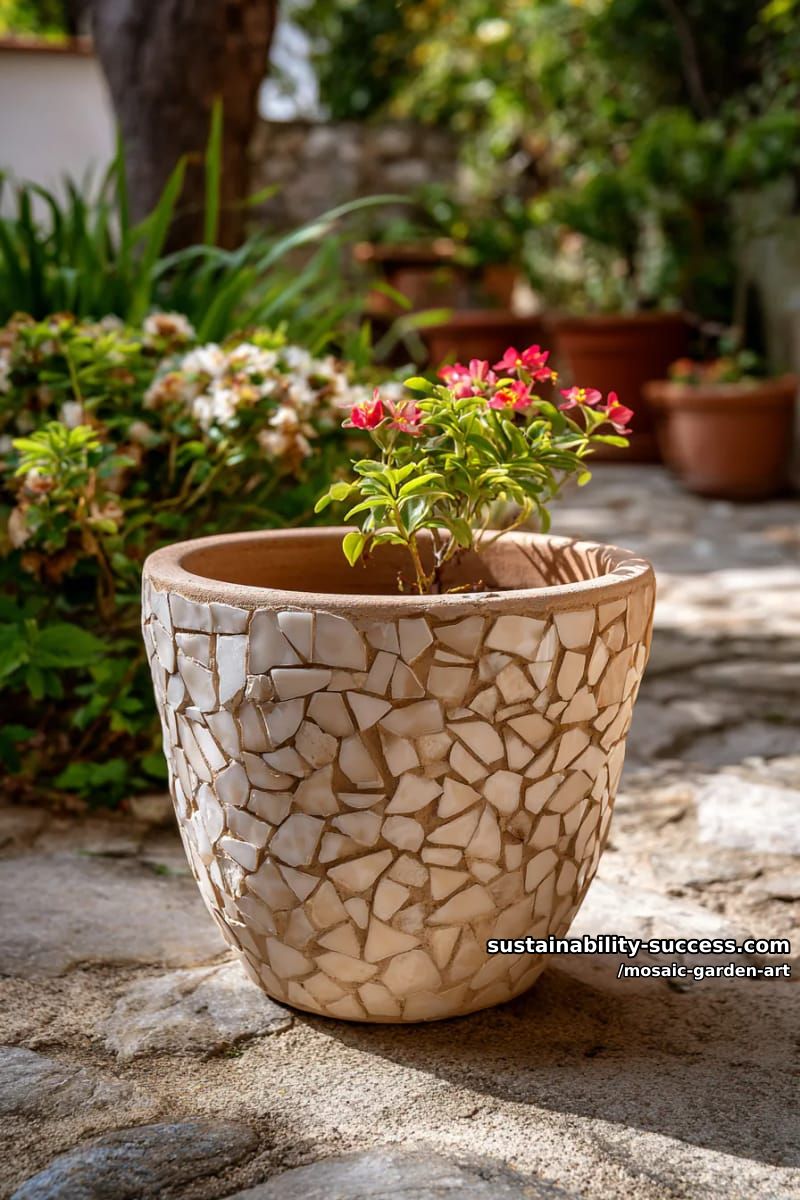 creating a mosaic on a terracotta flower pot with cream ceramics 1