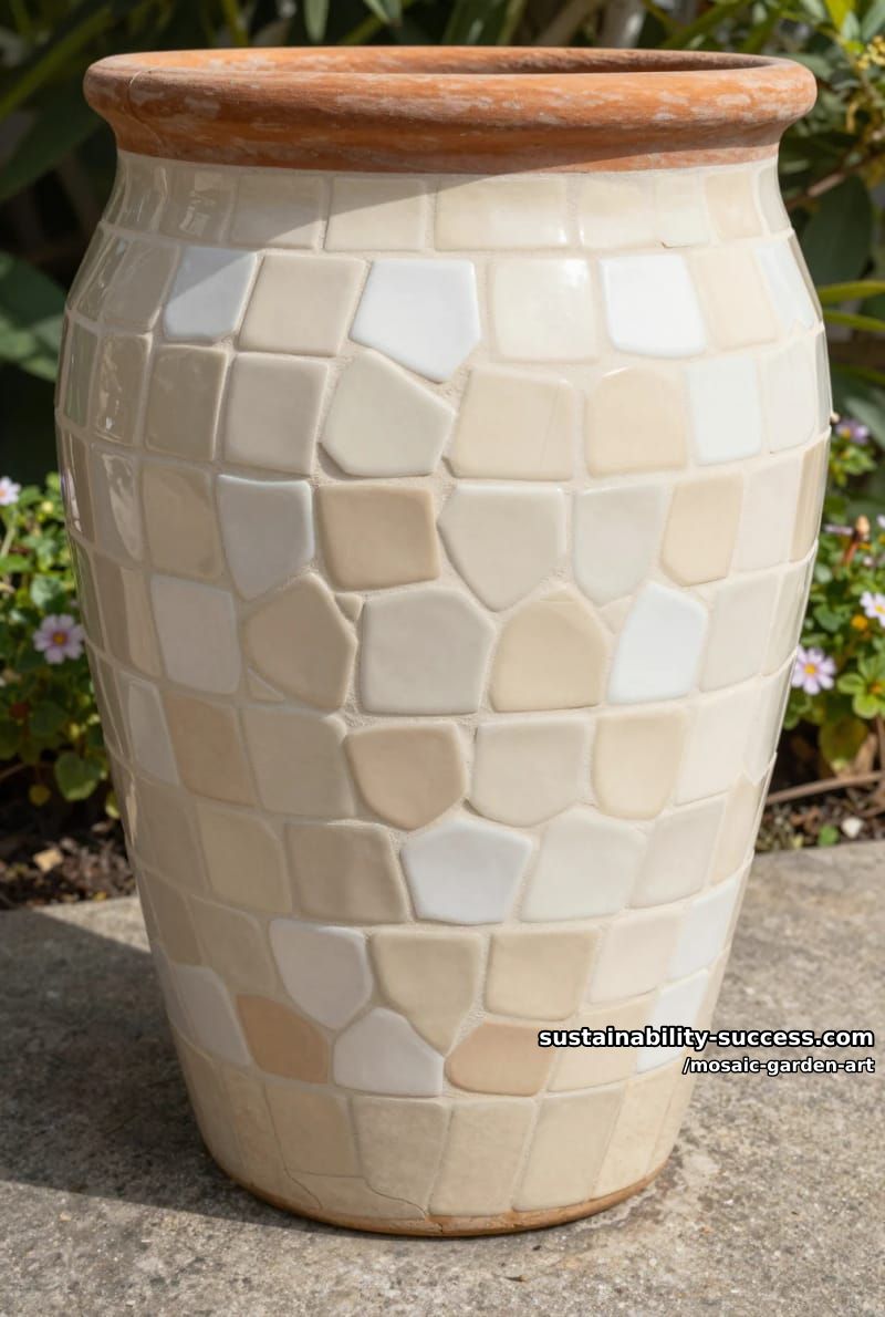 creating a mosaic on a terracotta flower pot with cream ceramics 1