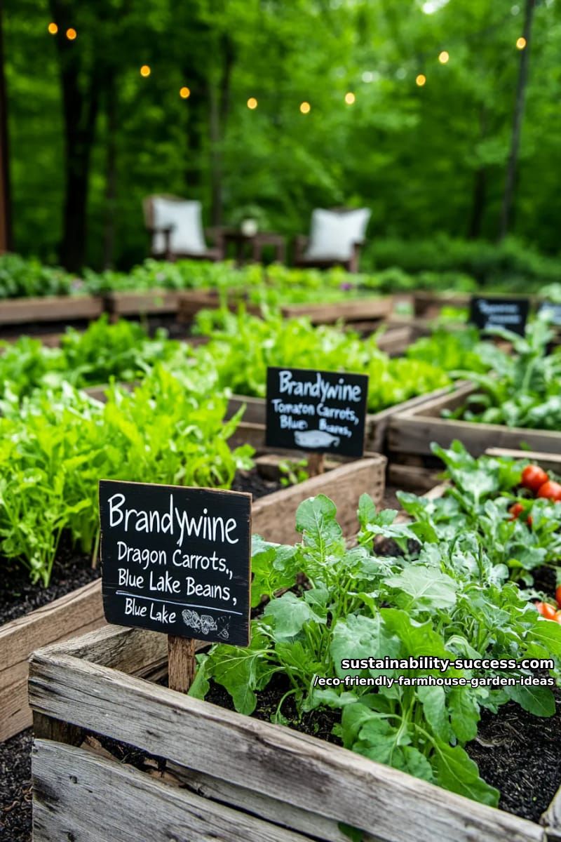 creative pallet fence displaying painted signs labeling heirloom vegetable rows 1
