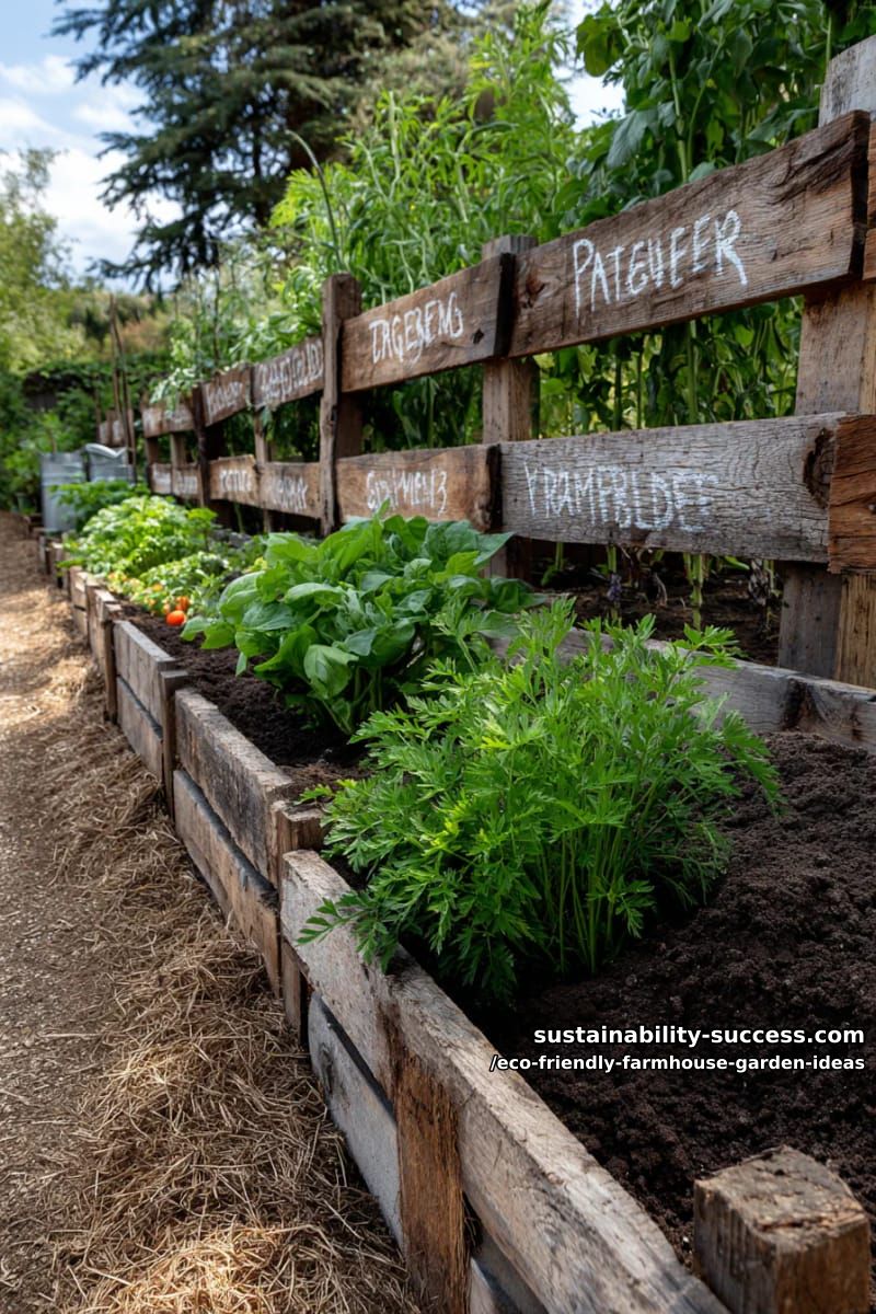 creative pallet fence displaying painted signs labeling heirloom vegetable rows 1
