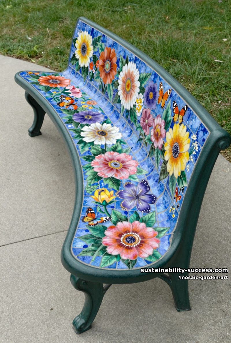 curved outdoor bench with colorful floral and butterfly mosaic seat 1