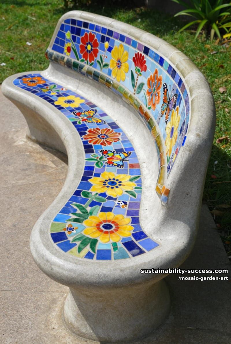 curved outdoor bench with colorful floral and butterfly mosaic seat 1