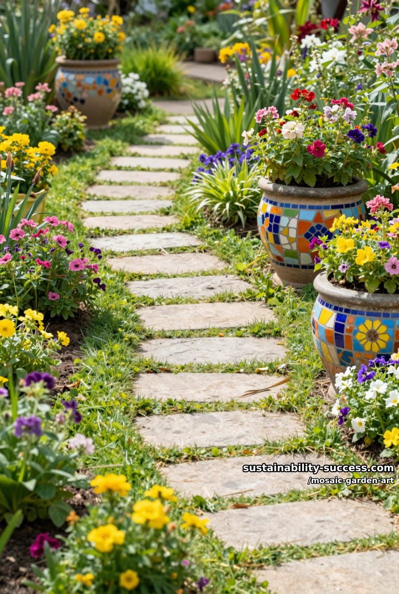 curved stone garden path with mosaic-tiled pots of blooming flowers 1