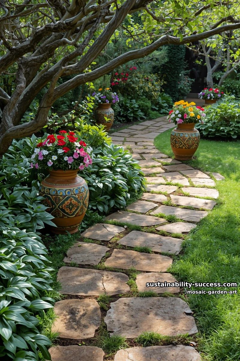 curved stone garden path with mosaic-tiled pots of blooming flowers 1