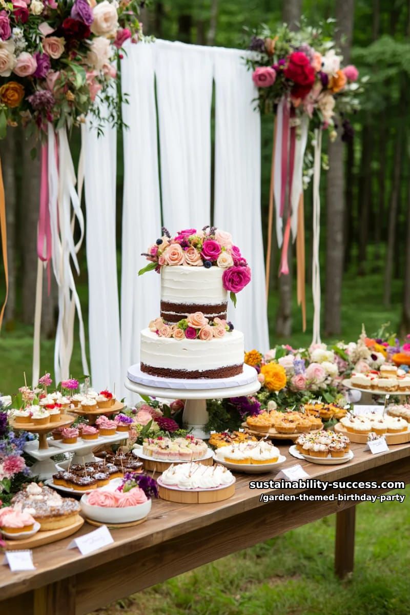 dessert table outdoors with cakes, pastries, and hanging floral ribbons. 1