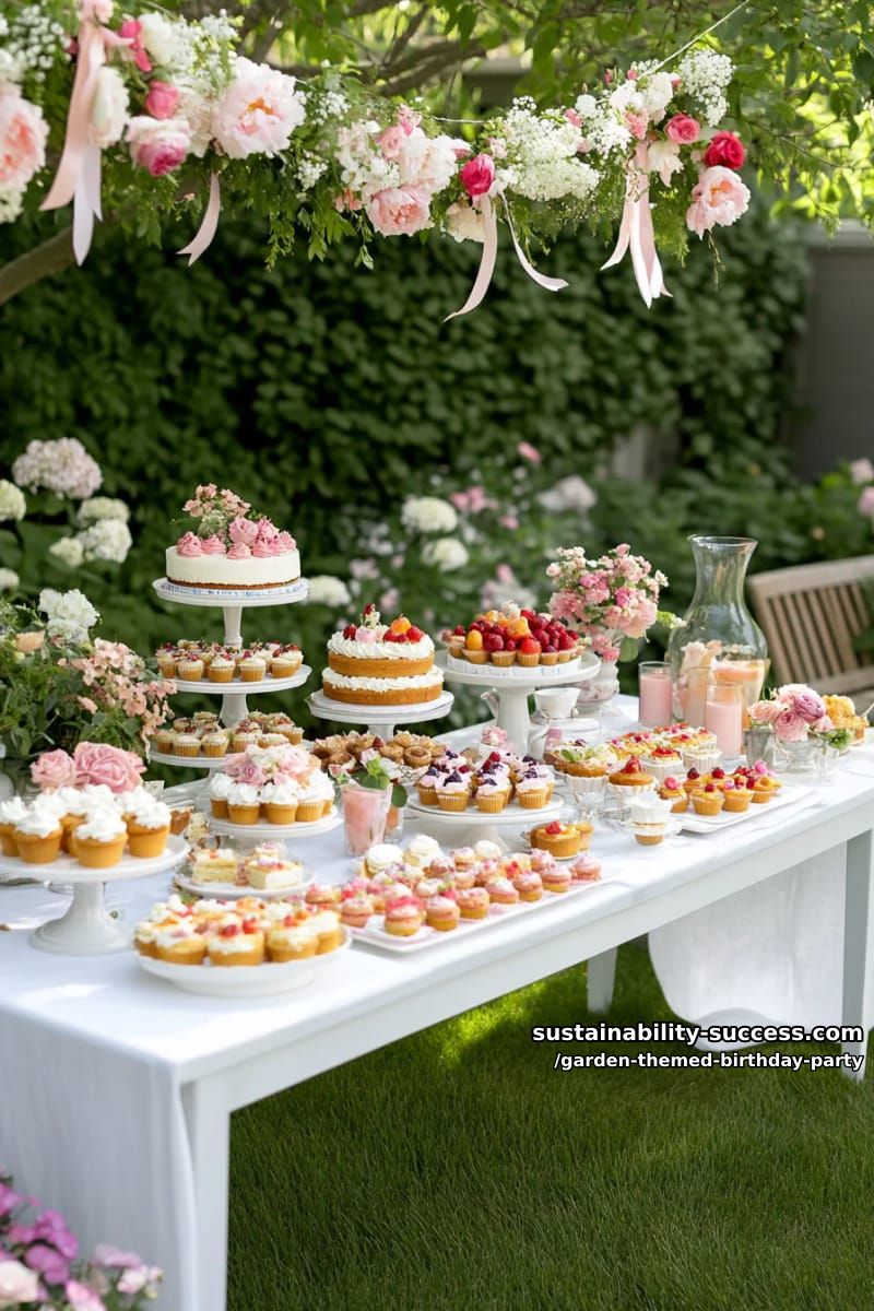 dessert table outdoors with cakes, pastries, and hanging floral ribbons. 1