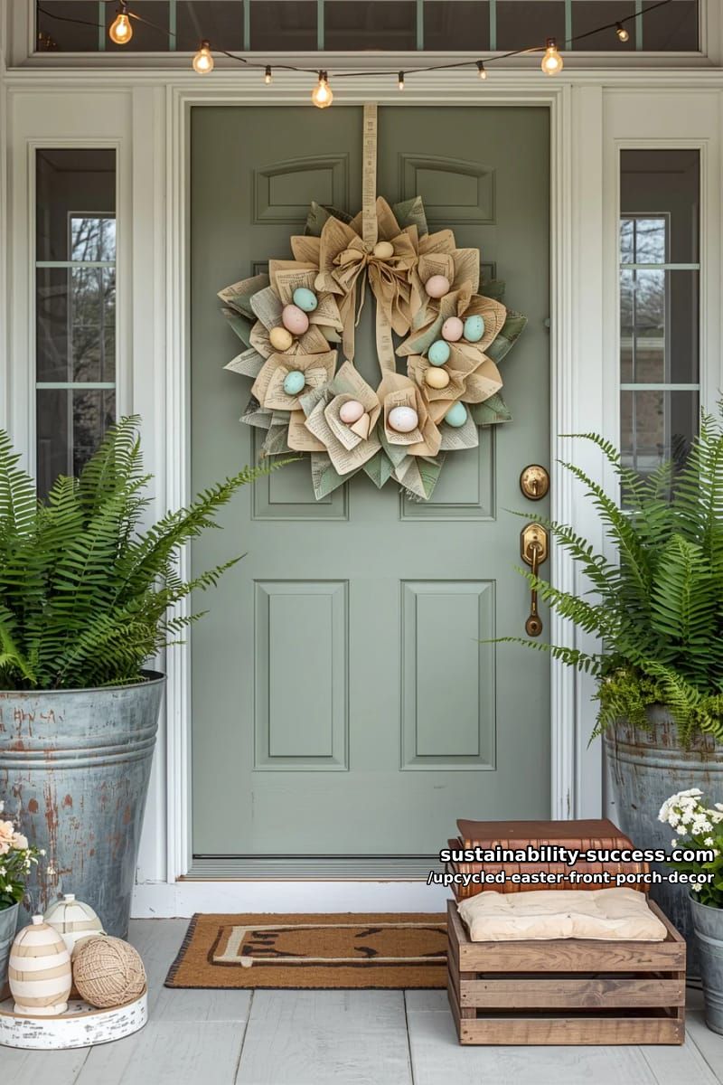 door wreath made from book pages, adorned with pastel egg clusters 16