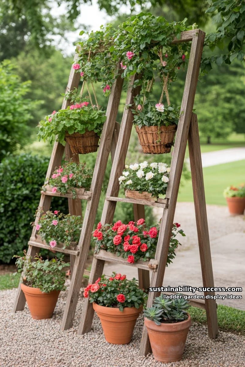 double ladder a-frame supporting hanging baskets and climbing roses 1
