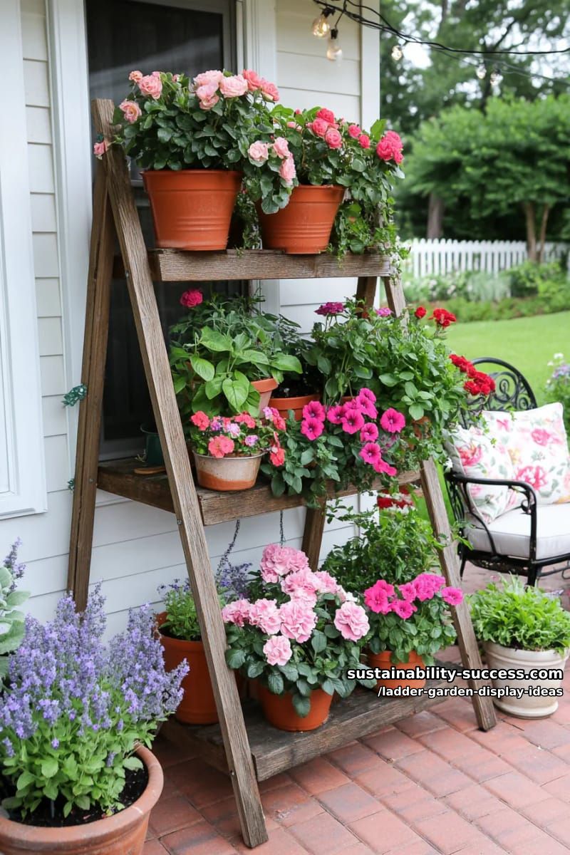 double ladder a-frame supporting hanging baskets and climbing roses 1
