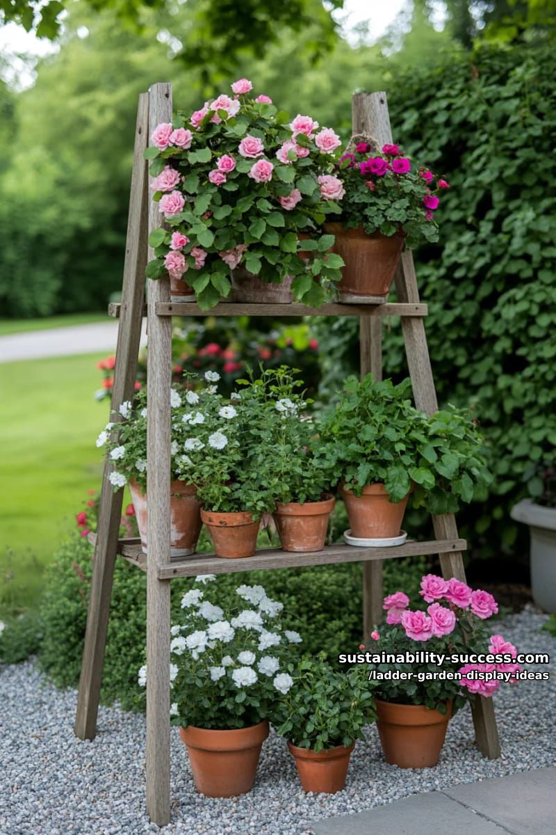 double ladder a-frame supporting hanging baskets and climbing roses 1