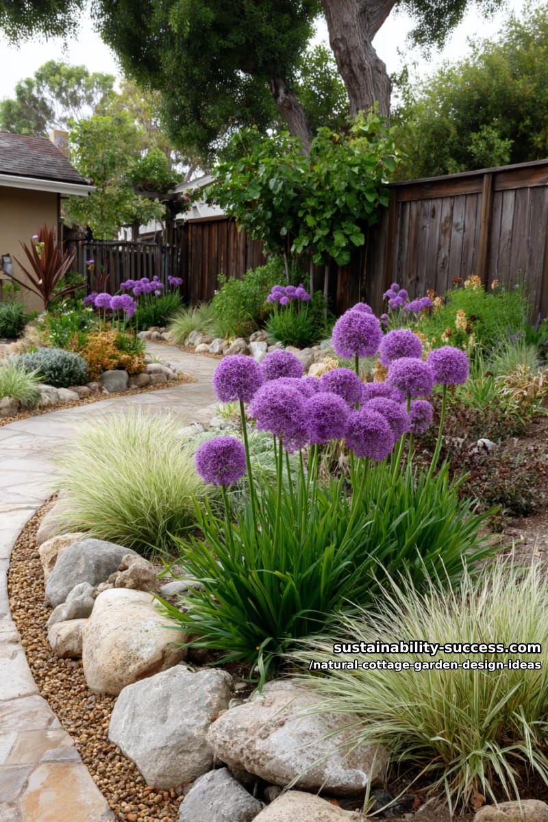drifts of allium and ornamental grasses for texture and seasonal movement 1