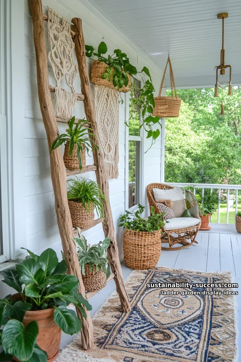 driftwood ladder with air plants and macramé plant hangers 1