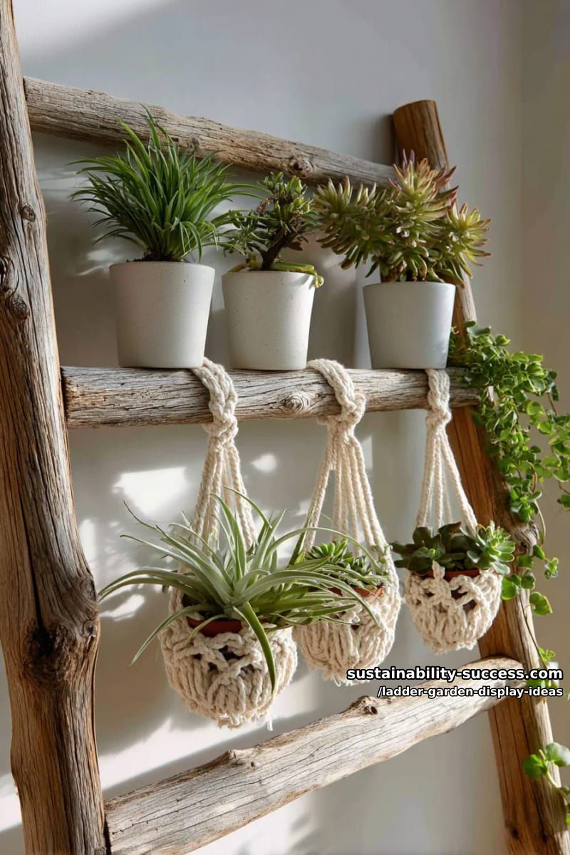 driftwood ladder with air plants and macramé plant hangers 1