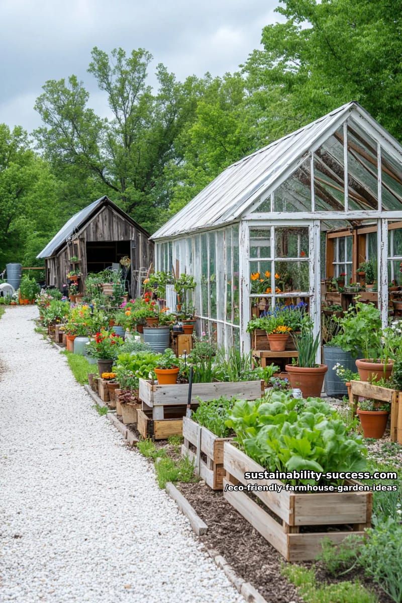 eco-friendly greenhouse built with repurposed windows beside a vintage farmhouse shed 1