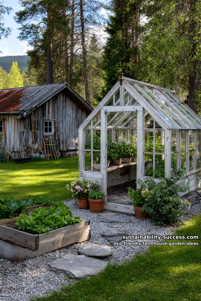 eco-friendly greenhouse built with repurposed windows beside a vintage farmhouse shed 1