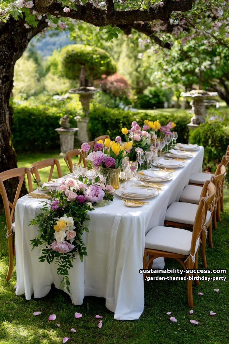 elegant outdoor dining table with floral garland and colorful centerpieces. 1