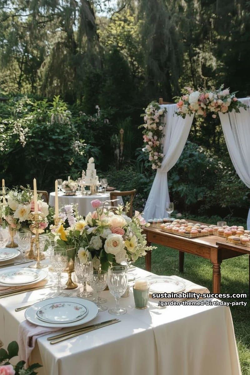 elegant outdoor garden party with vintage floral china and fresh flowers. 1