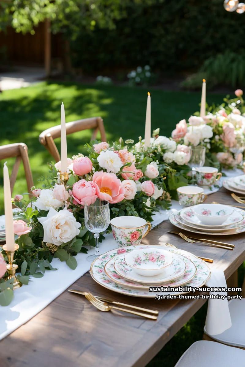 elegant outdoor garden party with vintage floral china and fresh flowers. 1