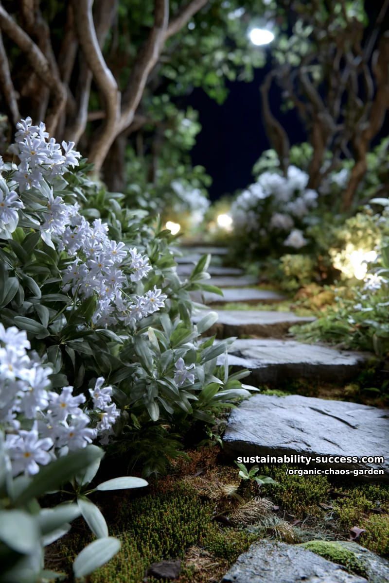 enchanted moonlit pathway bordered by glowing white flowers and silver foliage 1