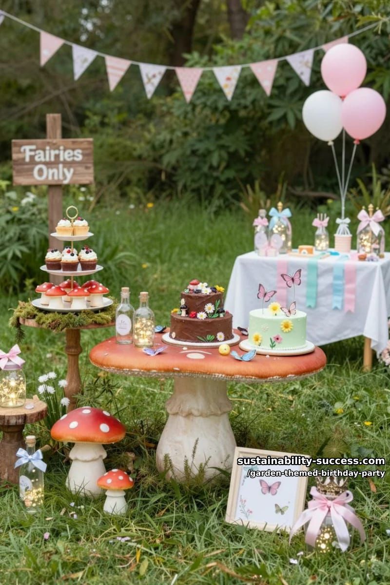 fairy garden birthday with mushroom table, fairy wings, and flower crowns. 1