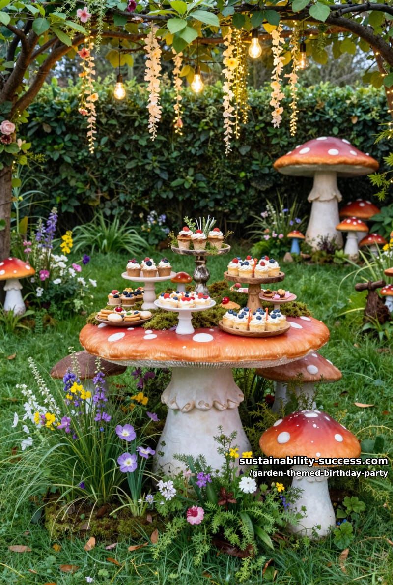 fairy garden birthday with mushroom table, fairy wings, and flower crowns. 1