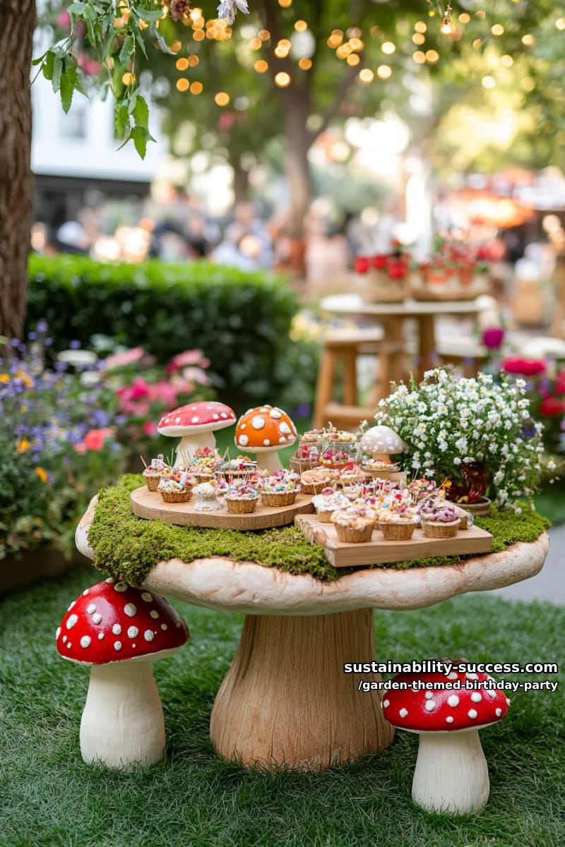 fairy garden birthday with mushroom table, fairy wings, and flower crowns. 1