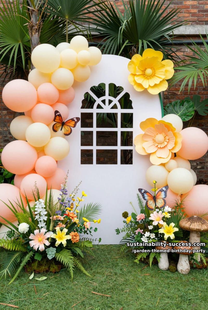 fairy-tale birthday backdrop with pastel balloons, butterflies, and mushrooms. 1