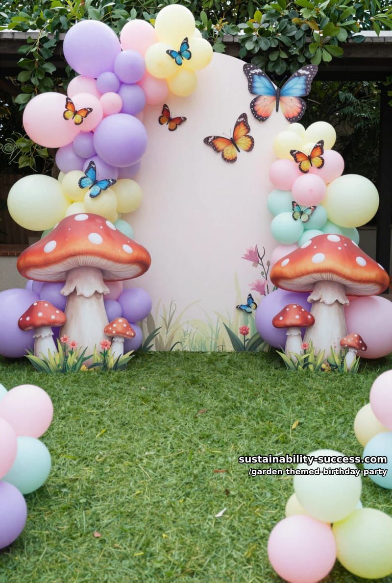 fairy-tale birthday backdrop with pastel balloons, butterflies, and mushrooms. 1