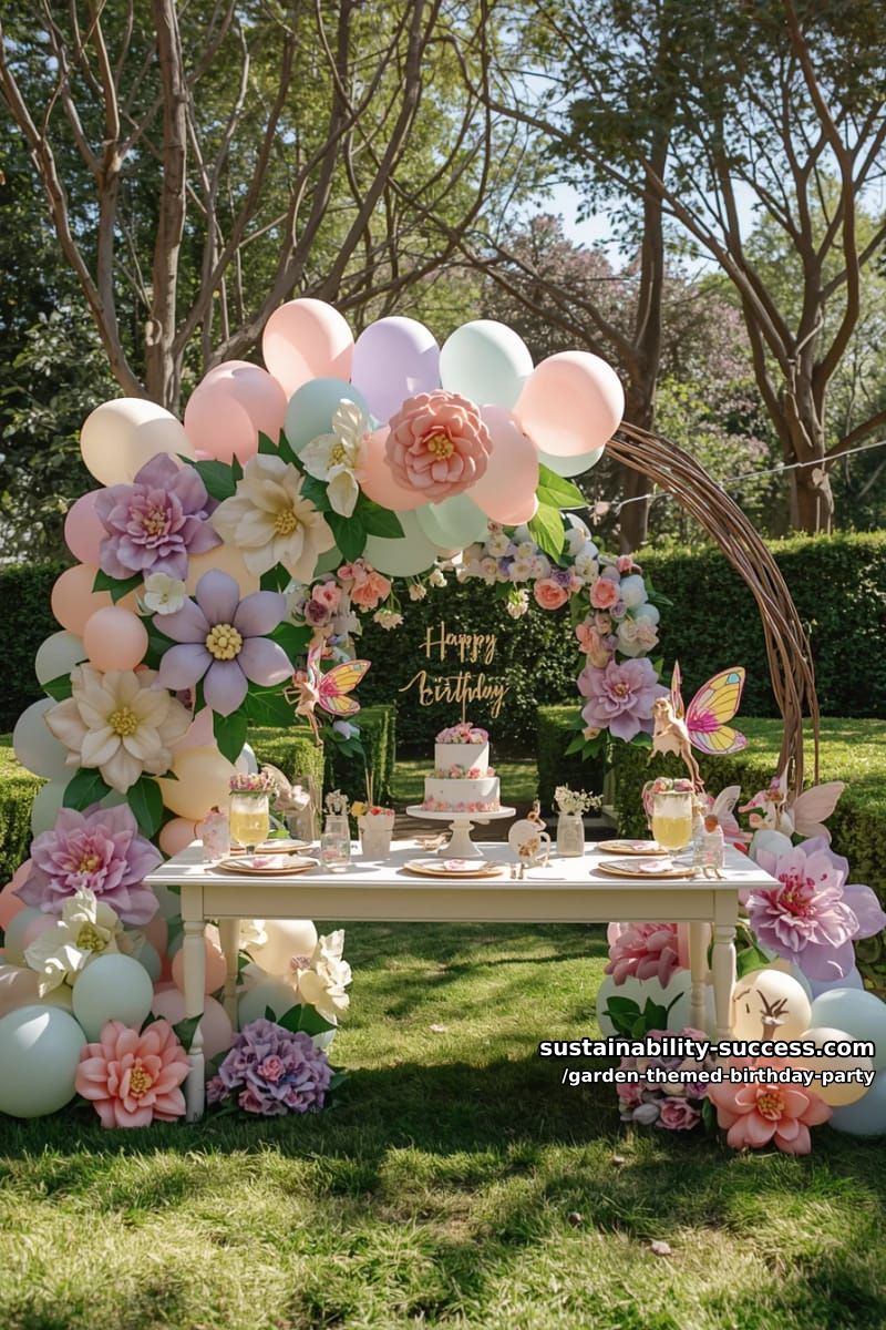 fairy-themed birthday setup with pastel balloons and oversized flowers. 1