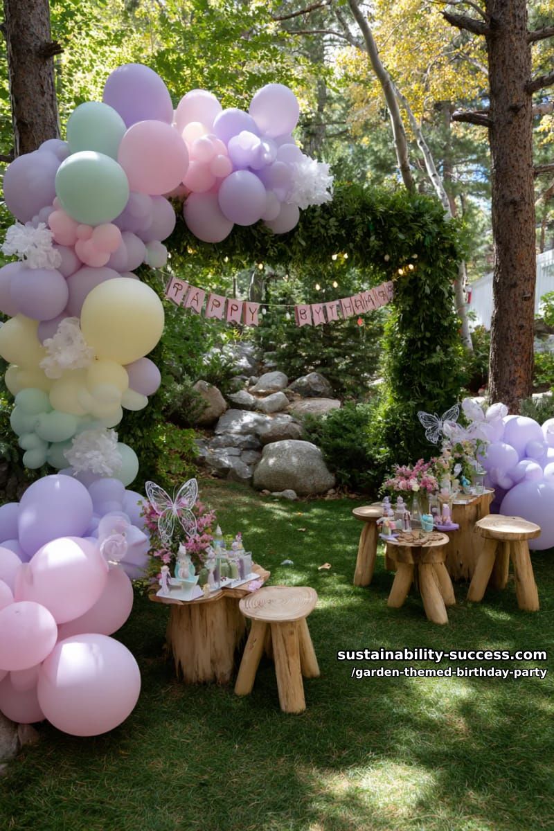 fairy-themed birthday setup with pastel balloons and oversized flowers. 1