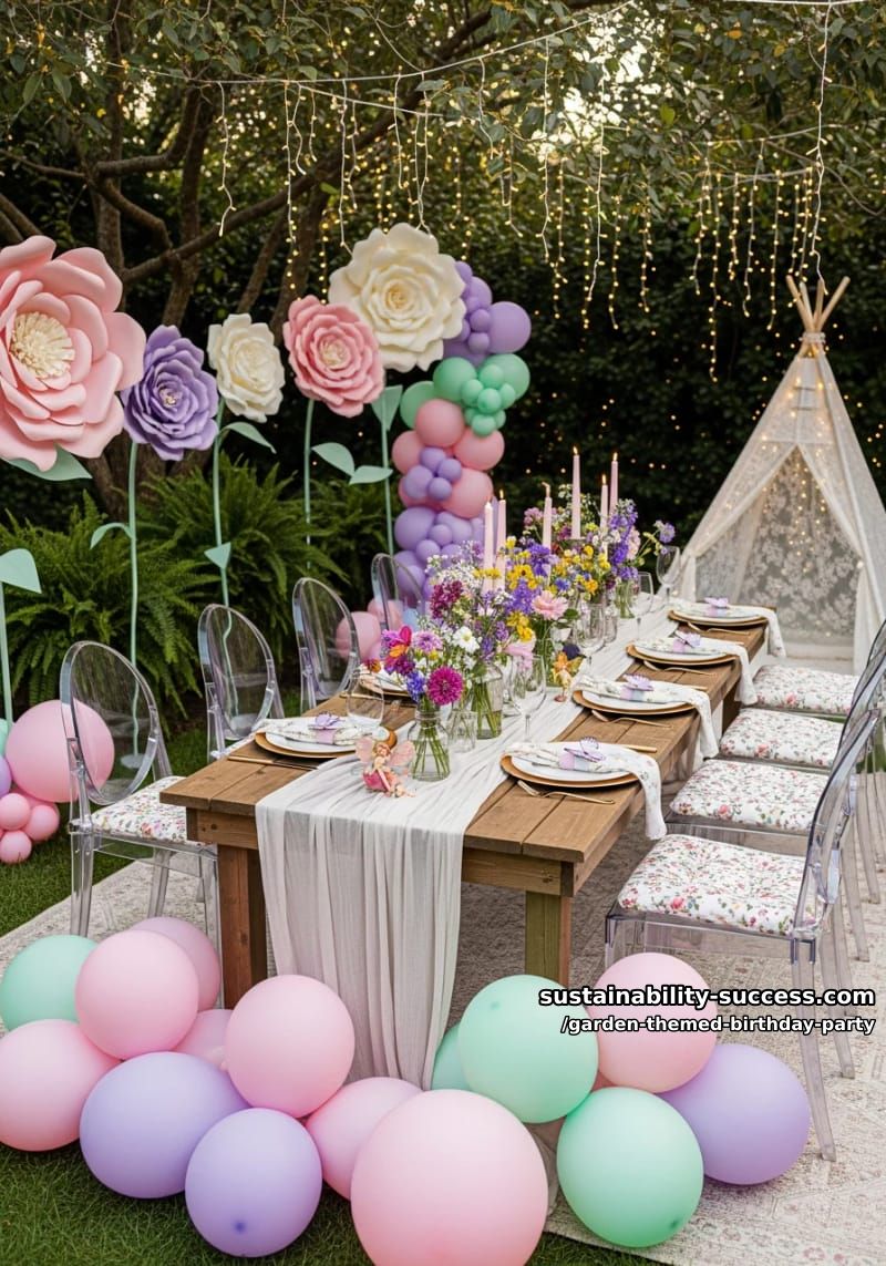 fairy-themed birthday setup with pastel balloons and oversized flowers. 1