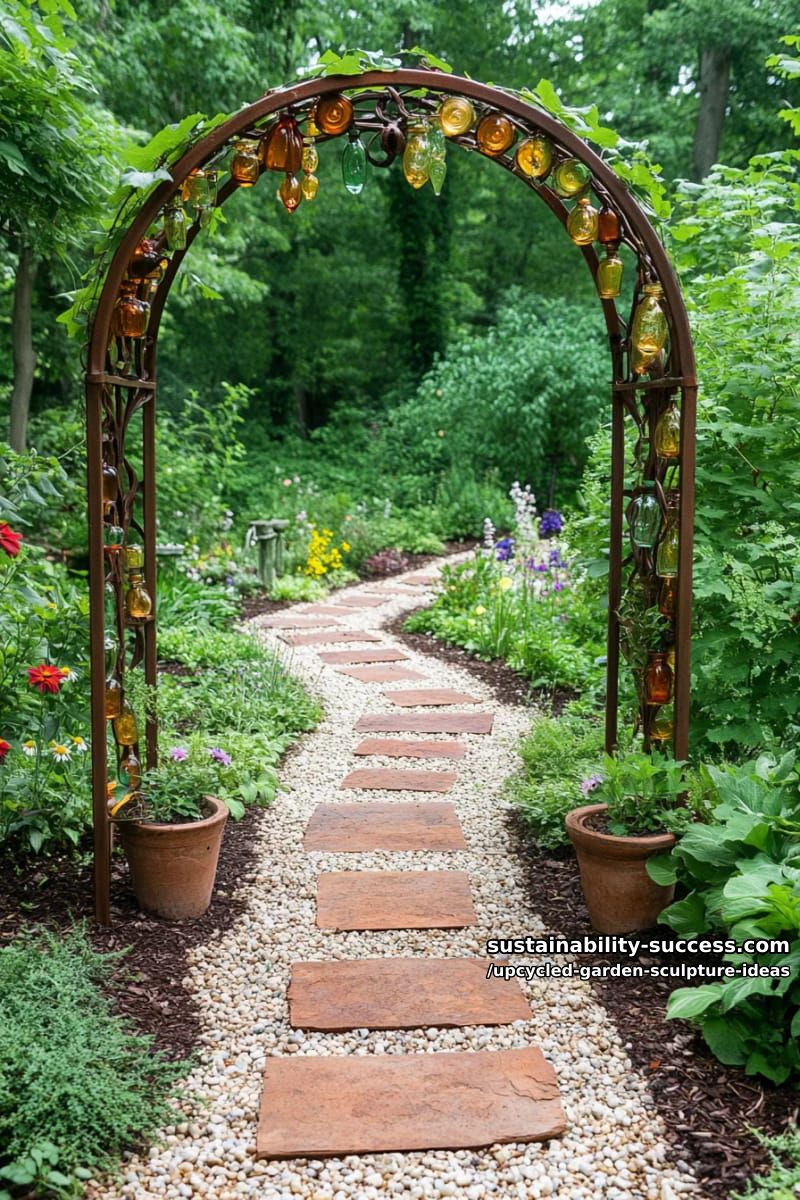 fantasy garden archway with embedded glass bottles and marbles 1