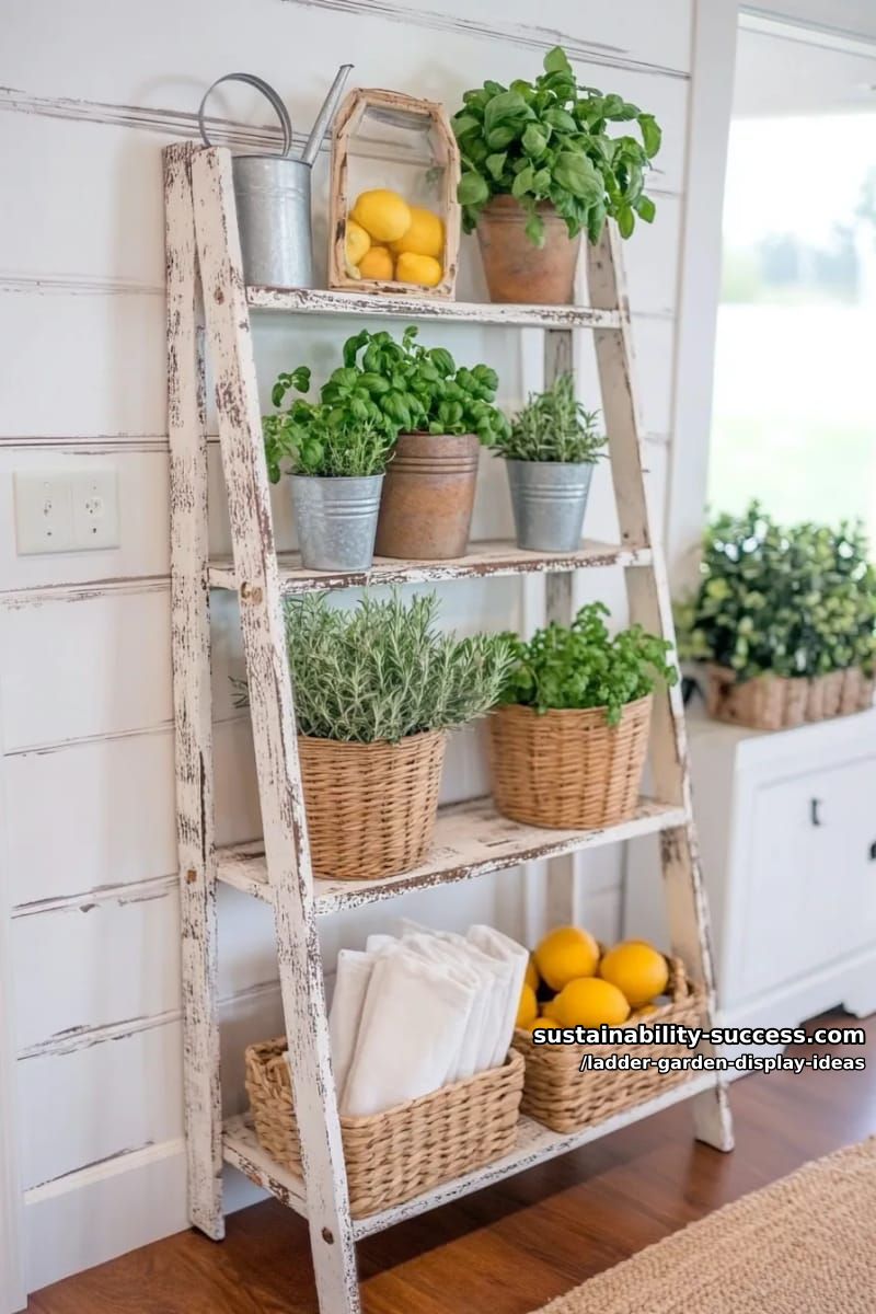 farmhouse-style ladder shelf holding kitchen herbs and miniature watering cans 1