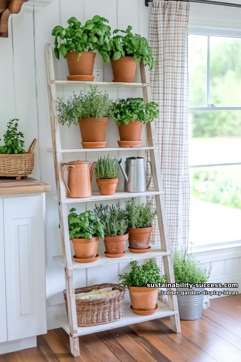 farmhouse-style ladder shelf holding kitchen herbs and miniature watering cans 1
