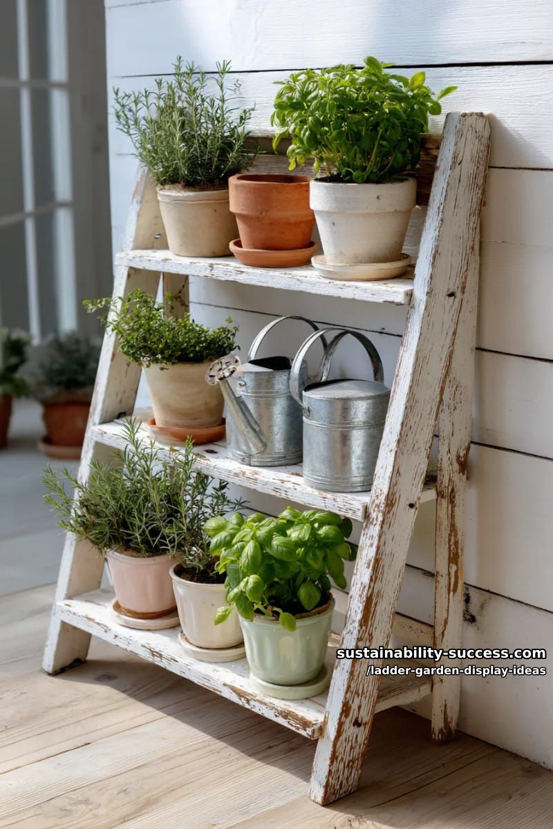 farmhouse-style ladder shelf holding kitchen herbs and miniature watering cans 1