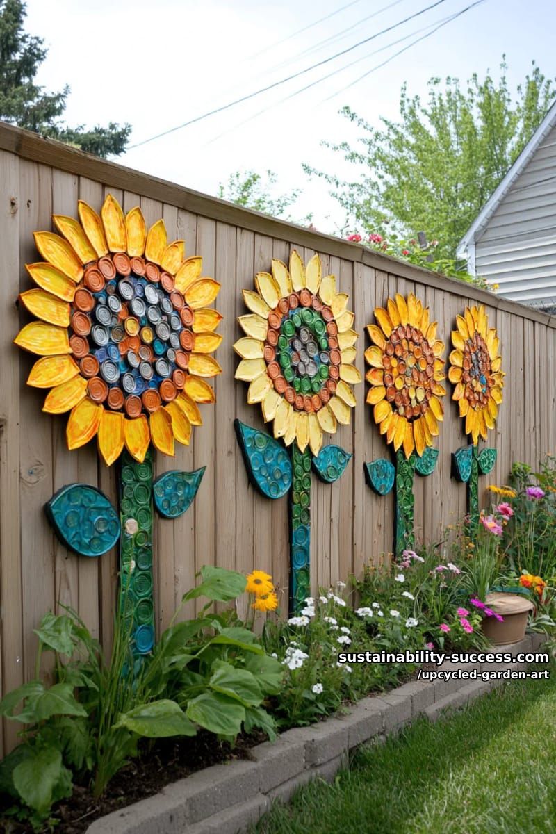 fence mural using repurposed tin lids for cheerful sunflower faces 1