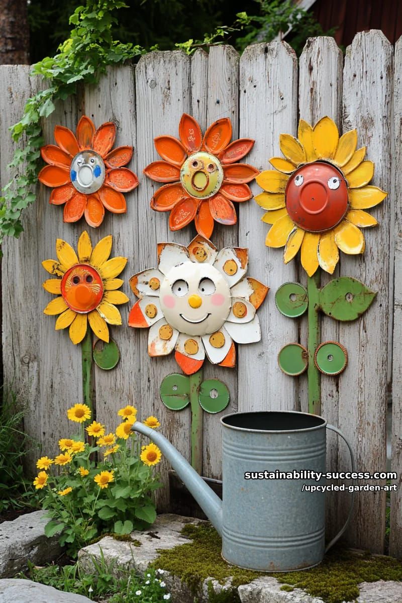 fence mural using repurposed tin lids for cheerful sunflower faces 1