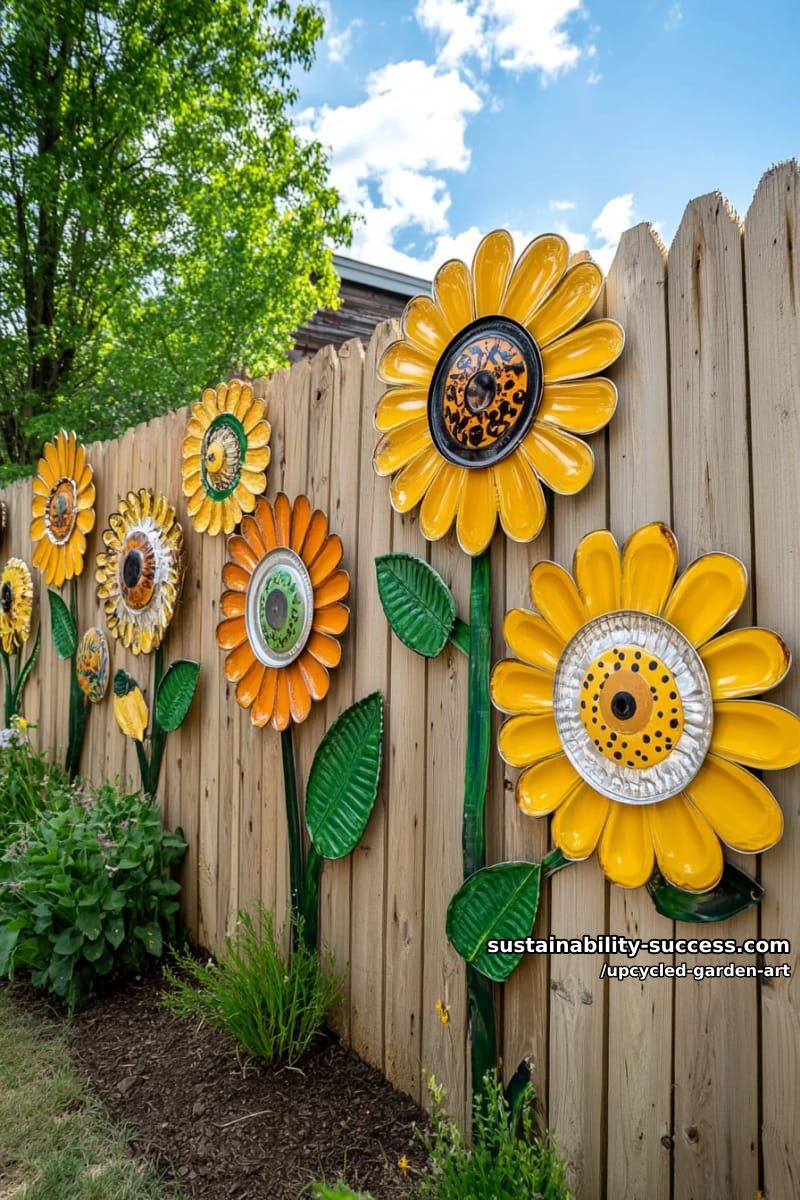 fence mural using repurposed tin lids for cheerful sunflower faces 1