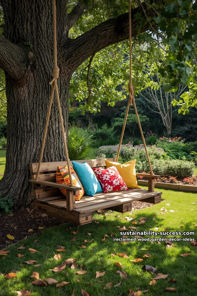 floating pallet tree swings with rope and cozy, colorful cushions 1